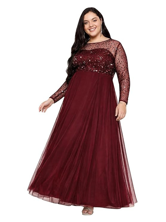 Women Plus Size Gown Dress | Embellished | Sequinned | Non Itch Finish | Cocktail (Maroon, Size: 3XL to 8XL)