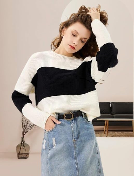 Women's Striped Knit Sweater, Black and White Colour Block, Round Neck, Long Sleeve Pullover