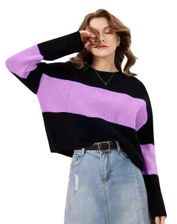 Women's Striped Knit Sweater, Black and White Colour Block, Round Neck, Long Sleeve Pullover