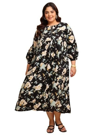 Plus Size Black Floral Printed Maxi Gown for Women, Elegant A-Line Casual Gown with Puff Sleeves, Stylish Long Dress for Daily