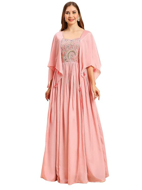 Women's Chinon Gown for Women Ethnic with Embroidery Work Long Gown