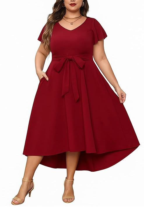 Women Plus Size V-Neck High-Low Maxi Maxi Gown Dress