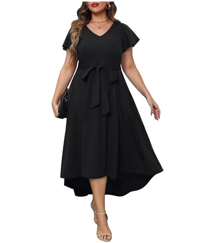 Women Plus Size V-Neck High-Low Maxi Maxi Gown Dress