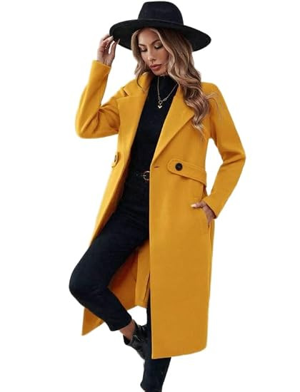 Women’s Mustard Yellow Double-Breasted Long Winter Coat | Warm Tailored Overcoat with Black Buttons, Structured Fit & Side Pockets | Elegant Outdoor Style for Cold Weather | Sizes S to 5XL