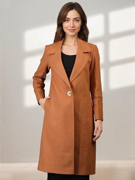 Women Chic Winter Coat Single Breasted | Knee Length Design with Buttoned Closure and Practical Front Side Pockets for Stylish and Co