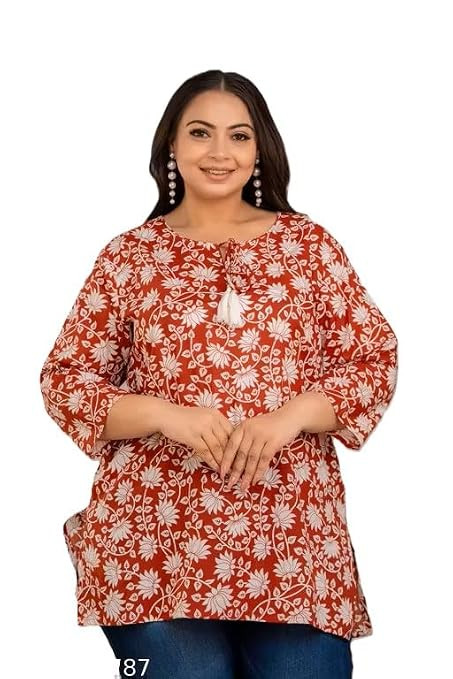 Women's Plus Size Floral Print Top, Red and White, 3/4 Sleeve, Casual Wear