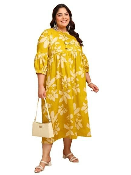 Plus Size Mustard Floral Midi Gown for Women | Elegant Casual Plus Size Printed Gown with Comfortable Fit