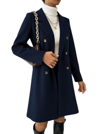 Women’s Navy Blue Double-Breasted Long Coat | Premium Wool-Blend Winter Overcoat with Lapel Collar & Front Buttons | Stylish Warm Outerwear for Casual & Formal Wear | Sizes S to 5XL