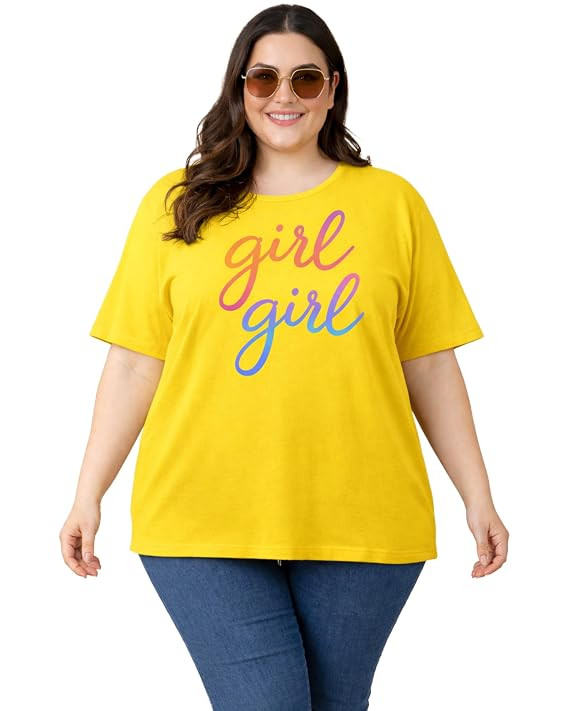 Women's Plus Size Graphic T-Shirt with Rainbow 'Girl Girl' Script Print, Short Sleeve