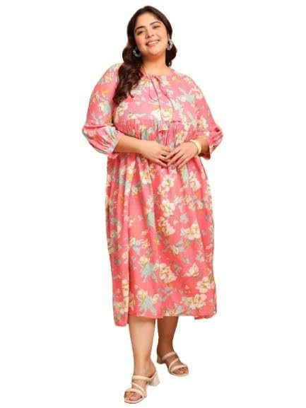 Plus Size Pink Floral Printed Maxi Gown for Women, Elegant A-Line Casual Gown with Puff Sleeves, Stylish Long Dress for Daily