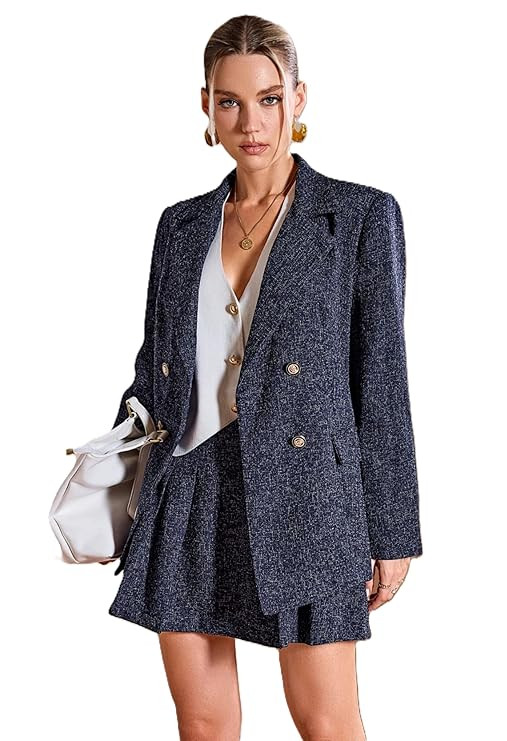 Women’s 3-Piece Cotton Blend Blazer, Mini Skirt & White Waistcoat | Stylish Formal Co-ord Set for Office, Business Meetings & Workwear-Blue