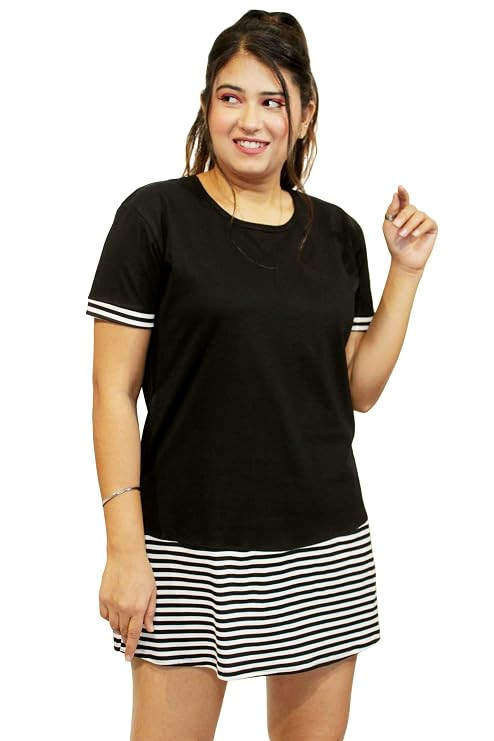 Pinkshell Women’s/Ladies/Girls Long Stripe Panel Polo T-Shirt, Round Neck Regular Fit/Side Pocket/Side Slit/Half Sleeves