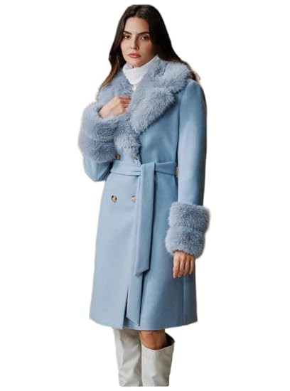 Women’s Light Blue Winter Coat – Stylish Long Jacket with Faux Fur Collar & Cuffs | Elegant Warm Outerwear for Parties, Events, Travel & Cold Weather Fashion | Sizes S to 5XL