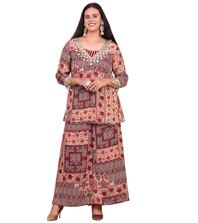 Floral Chiffon Ankle Length Crop Top with Tunic & Palazzo|V-Neck|Cord Set for Women Fashion|Long Western Dress for Women Stylish|Latest Three Piece Co ord Set|Casual Wear(Multicolor)