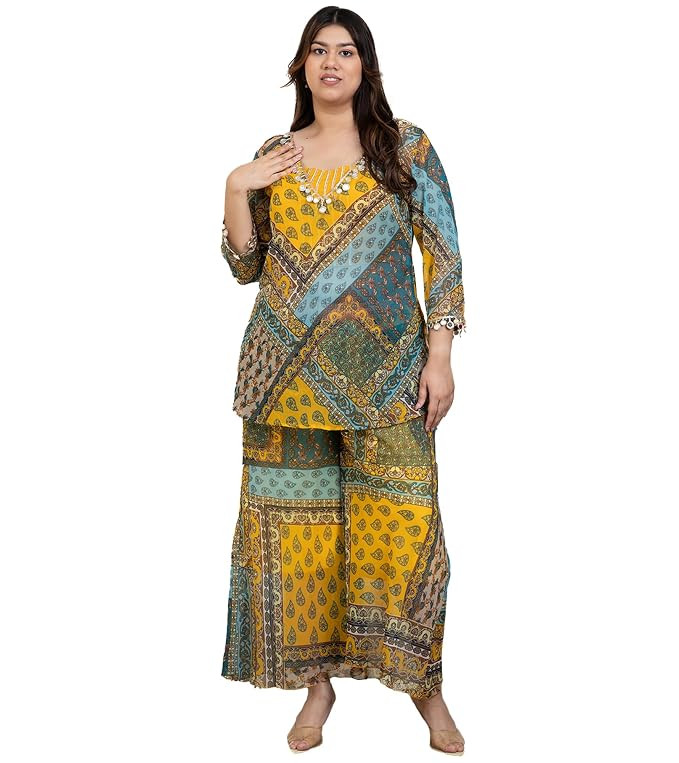 Patch Print Chiffon Kurti with Crop Top & Palazzo Indo Western Plus Size Co-Ord Set for Women's|Deep V Neck|Ladies Party Outfits Ethnic Summer Collection Stylish Fusion Wear