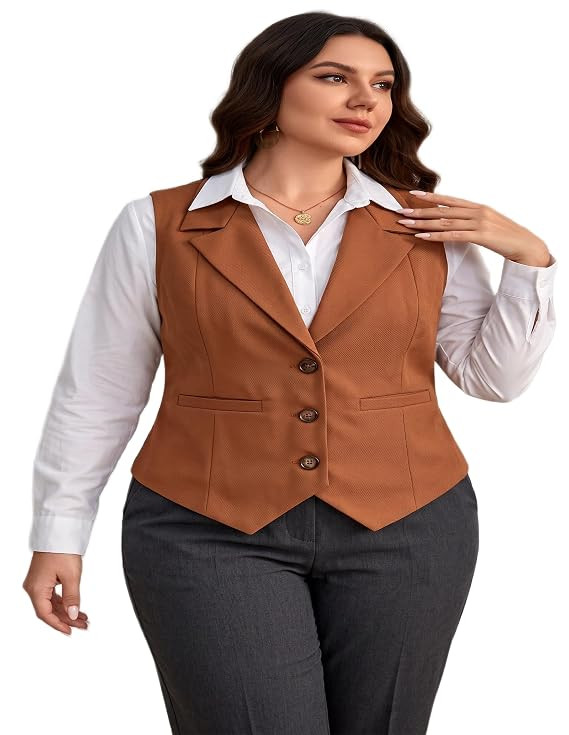 Women's Camel Brown Business Waistcoat | Single-Breasted Sleeveless Blazer Vest | Regular Fit