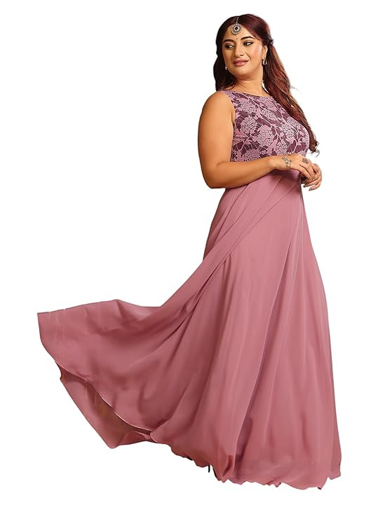 Women's Self-Designed Relaxed Fit V-Neck 3/4th Sleeve Georgette and Lace Maxi Dress
