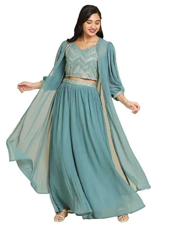 Georgette Lehenga And Choli With Long Shrug Set For Solid With Heavy Embroidery Work Set(M-2410)