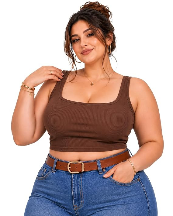 Women's Plus Size Ribbed Crop Tank Top, Square Neck, Sleeveless