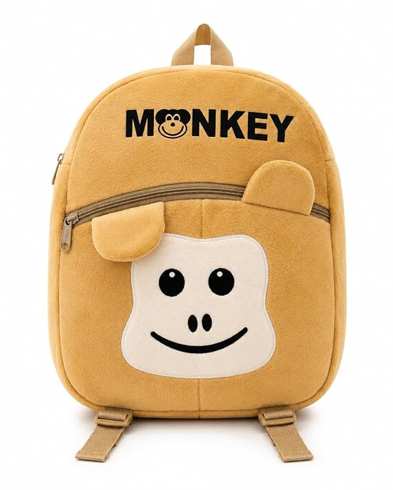 Kids Plush Monkey Animal Character School Backpack Bag | Soft Plush Fabric, Toddler to Age 8, Zipper Closure, Nursery & School Use, 3D Monkey Face
