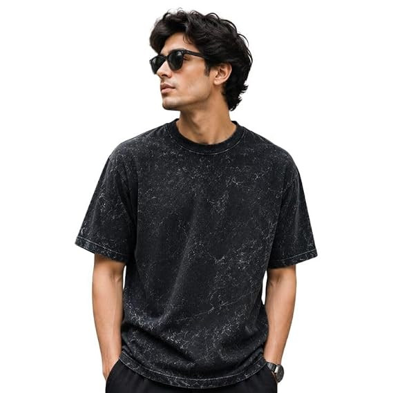 Men's Oversized Acid Wash T-Shirt, Black, Marble Texture Print, Round Neck, Casual Streetwear Half Sleeve Tee