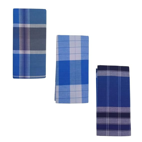 100% Pure Cotton Lungi for Men | 2.10m | South Indian Dhoti Mundu | Soft Breathable Cotton | Hem-Stitched | Pack of 3, Blue