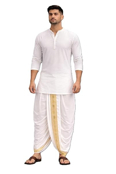 Men’s Art Silk Readymade Dhoti with Wide Golden Zari Border | Traditional Lungi Style Ethnic Wear