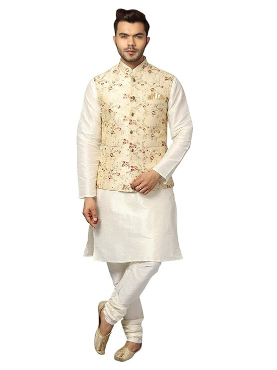 Men's Silk Blend Kurta Pyjama with Stylish Embroidered Ethnic Jacket