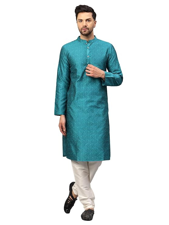 Men’s Silk Chikankari Kurta with Cream Churidar | Festive Set -  Silk BANARSI