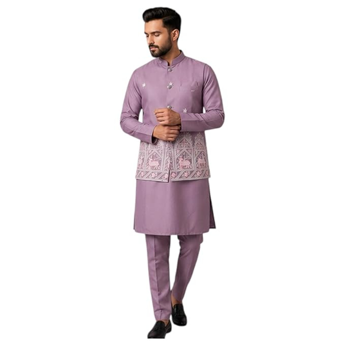 Men’s Kurta Pyjama Set with Embroidered Jacket.
