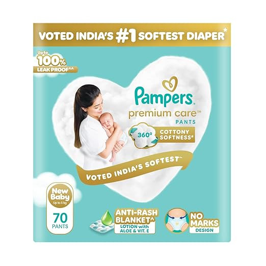 Pampers Premium Care Pant Style Baby Diapers XS 70 Count | No Marks Design | Voted India’s #1 Softest Diaper | All in 1 diaper with 360 Cottony Softness