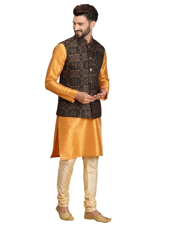 Mens Silk Blend Kurta Set with Nehru Jacket, Classic Fit, Black