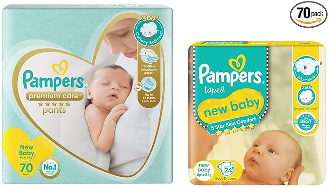 Pampers Premium Care Pants, New Born, Extra Small size baby diapers (NB,XS), 70 count & Active Baby Diapers, New Born, Extra Small, (NB, XS) size, 24 Count, Taped style diaper
