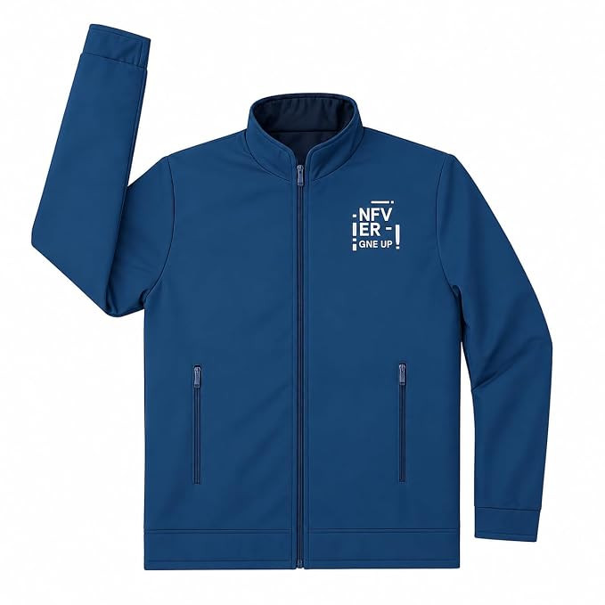 Full-Zip Jacket, Navy Blue | Motivational Print, Stand Collar, Zippered Pockets, Men's Outerwear, Full Sleeve