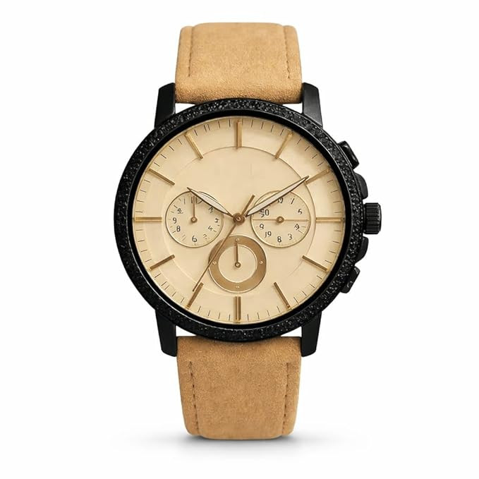 Chronograph Watch, Black Case with Tan Leather Strap, Gold Dial, Multi-Function Display