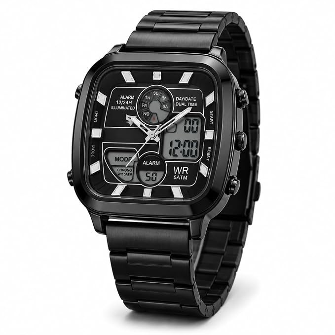 Analog Digital Watch for Men with Black Metal Strap, Dual Time Display, Chronograph Watch, Waterproof Wrist Watch, Sports Watches for Men, Luxury Black Watches, Digital Analog Men's Watch