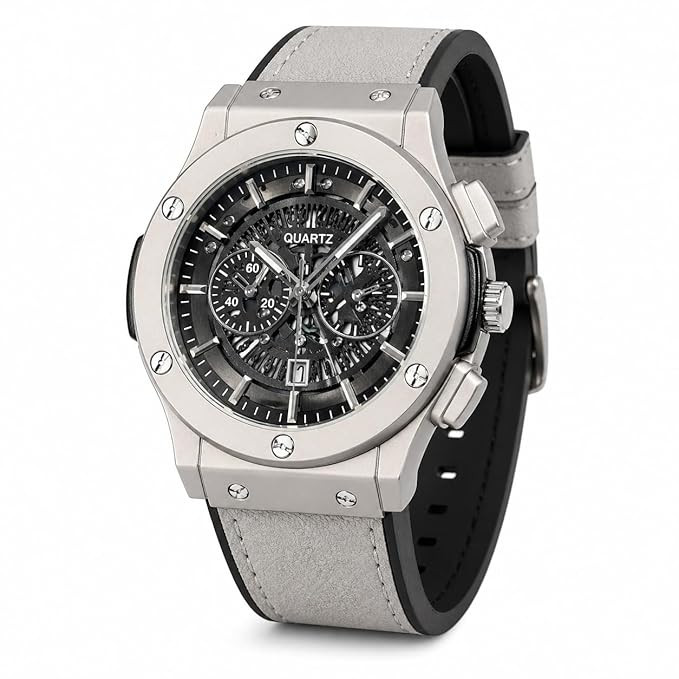 Big Bang Skeleton Dial Luxury Chronograph Analog Quartz Wrist Watch Stainless Steel Grey Strap Black Dial Mens Silver Timepiece Sports Style Automatic Mechanical Design Classic Premium Branded Stylish Durable Fashion Accessory for Male