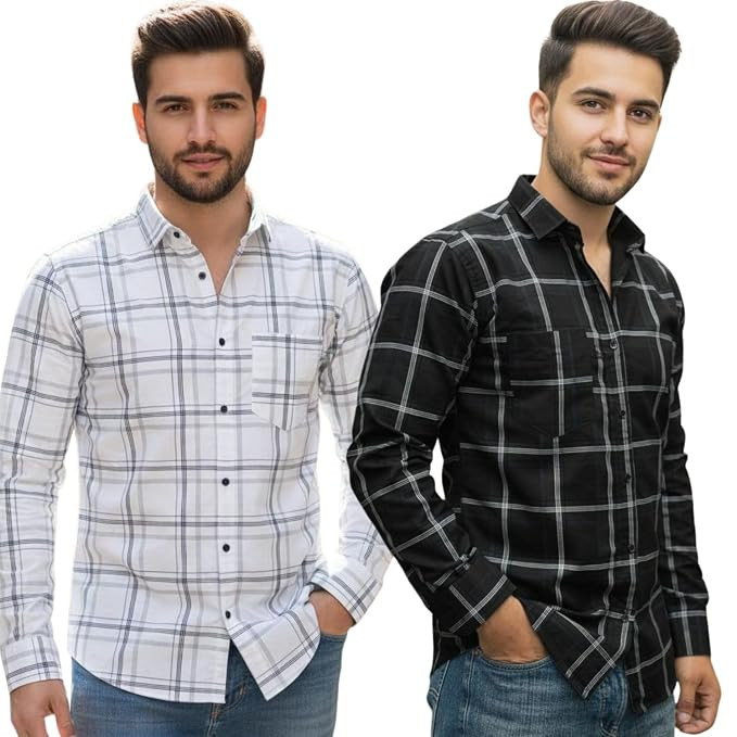 Pack of 2 Men’s Cotton Fabric Button-Down Full Sleeve Collar Neck Regular Fit Checked Print Shirt