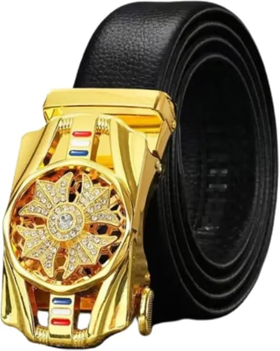 Luxury Men's Automatic Buckle Belt, Black Leather with Gold Crystal Flower Buckle, Formal Business Dress Belt