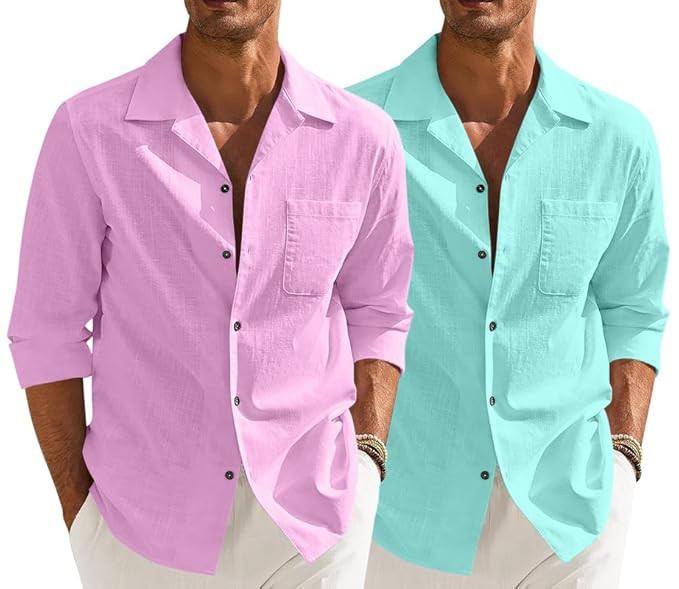 Combo of Men’s Casual Cotton Blend Shirt || Long Sleeve Button Down with Spread Collar | Lightweight Breathable Fabric | Stylish Solid Shirt for Beach, Office & Everyday Wear Pack of 2