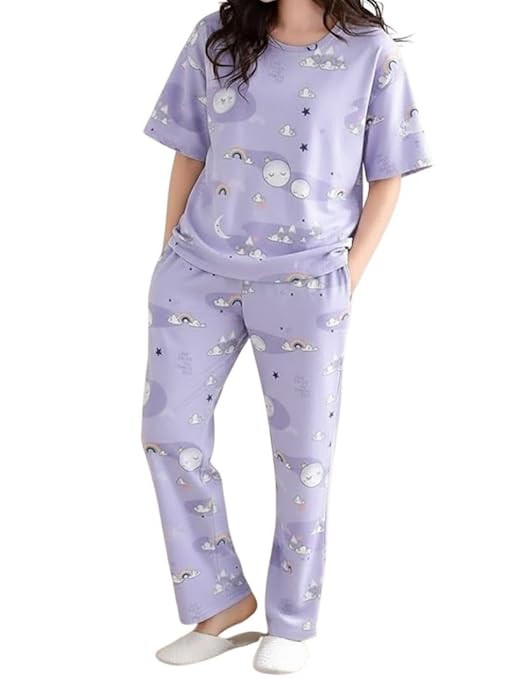 Women’s Korean Style Night Suit Set | Cotton Half Sleeve Top & Pyjama Set | Round Neck Printed Nightsuit | Comfortable Nightwear & Loungewear for Women | Sleepwear Pjs Lounge Set |Co-ords Outfit