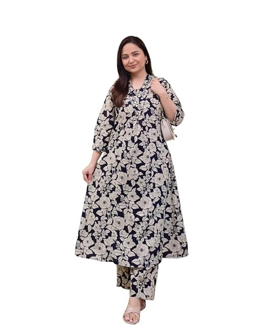 T A Jaipuri Fashionista Womens Pure Cotton Printed Angrakha Anarkali Kurti and Pant Set