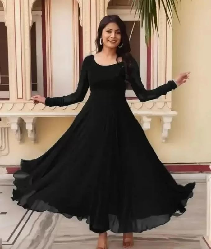 TA  Georgette Solid Anarkali Gown Straight Suits for Women Readymade Stitched Gown in Clothing & Accessories