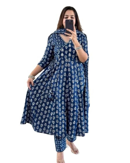 TA Women’s Sanganeri Print Cotton A-Line 3/4 Sleeve V-Neck Angrakha Kurta Pant Set with Dupatta