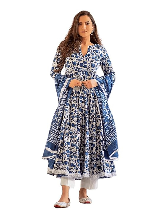 TA  Women's Cotton Printed Anarkali Kurta with Palazzo & Dupatta Set