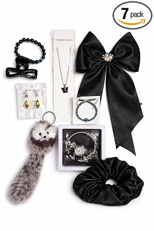 TA Women's Fashion Accessories Set, Black Satin Hair Bow, Scrunchie, Bracelet Watch, Necklace, Earrings, Hair Claw Clip, Evil Eye Bracelet, Fur Keychain, Gift Set