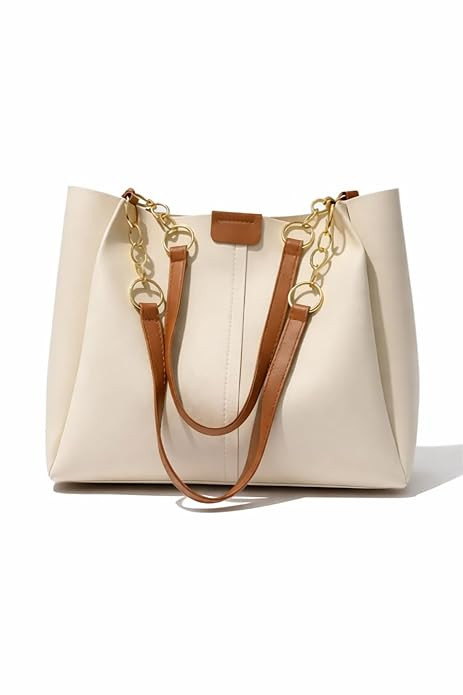 TA GALAXY FASHION POINT Luxury Women’s Handbag Tote – Premium PU Leather Shoulder Bag with Chain Strap, Spacious Stylish Office & Casual Use Purse (Beige & Brown)
