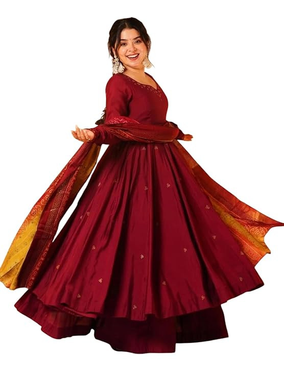 TA  Silk Anarkali Kurta Palazzo Set with Chinon Dupatta Embroidered Ethnic Gown Set for Women Party Wedding Festive Traditional Flared Kurti Outfit Maroon