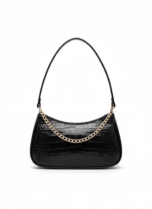 TA Black Croc-Effect Bag: Patent Leather Shoulder Bag w/Gold Chain