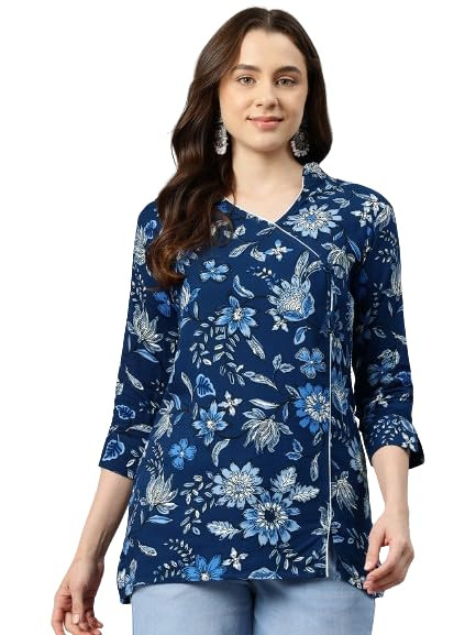 TA One femme Women Blue Floral Print Angarkha Style Kurti